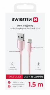 Swissten fonott textil adat- és töltőkábel USB/lightning, 1,5m, rózsaszín