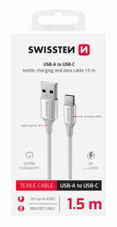 Swissten fonott textil adat- és töltőkábel USB/USB-C, 1,5m, fehér
