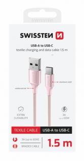 Swissten fonott textil adat- és töltőkábel USB/USB-C, 1,5m, rózsaszín