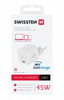 Swissten GaN hálózati töltőadapter 1xUSB-C, 45W, Power Delivery, fehér