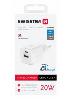 Swissten GaN hálózati töltőadapter 1xUSB-C PD 20W, 1xUSB-A QC 18W, fehér