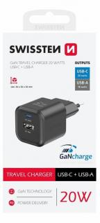 Swissten GaN hálózati töltőadapter 1xUSB-C PD 20W, 1xUSB-A QC 18W, fekete