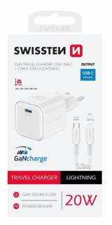 Swissten GaN hálózati töltőadapter 1xUSB-C PD, 20W, 1xUSB-C/lightning 1,2m kábel, fehér