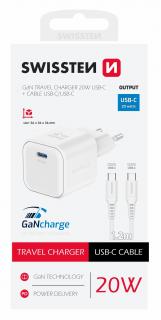 Swissten GaN hálózati töltőadapter 1xUSB-C PD, 20W, 1xUSB-C/USB-C 1,2m kábel, fehér