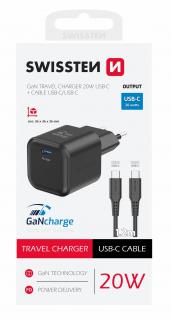 Swissten GaN hálózati töltőadapter 1xUSB-C PD, 20W, 1xUSB-C/USB-C 1,2m kábel, fekete