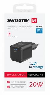Swissten GaN hálózati töltőadapter 1xUSB-C PD, 20W, fekete