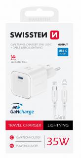 Swissten GaN hálózati töltőadapter 1xUSB-C PD 35W, 1,2m USB-C/lightning kábel, fehér