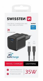 Swissten GaN hálózati töltőadapter 1xUSB-C PD 35W, 1,2m USB-C/lightning kábel, fekete