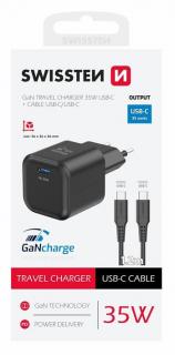 Swissten GaN hálózati töltőadapter 1xUSB-C PD 35W, 1,2m USB-C/USB-C kábel, fekete