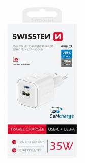 Swissten GaN hálózati töltőadapter 1xUSB-C PD 35W, 1xUSB-A QC 27W, fehér