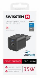 Swissten GaN hálózati töltőadapter 1xUSB-C PD 35W, 1xUSB-A QC 27W, fekete