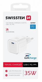Swissten GaN hálózati töltőadapter 1xUSB-C PD 35W, fehér