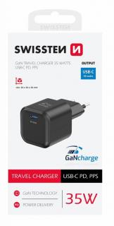 Swissten GaN hálózati töltőadapter 1xUSB-C PD 35W, fekete