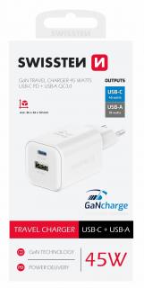 Swissten GaN hálózati töltőadapter 1xUSB-C PD 45W, 1xUSB-A QC 18W, fehér