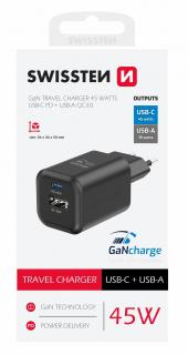 Swissten GaN hálózati töltőadapter 1xUSB-C PD 45W, 1xUSB-A QC 18W, fekete