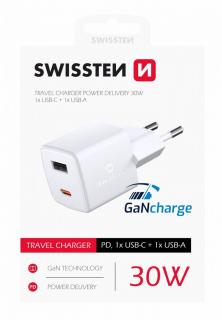 Swissten GaN mini hálózati töltőadapter, 1XUSB-C, 1XUSB, Power Delivery, 30W