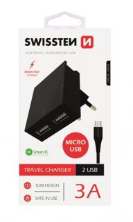 Swissten hálózati gyorstöltő adapter, Smart IC, 2 USB port, 3A, fekete + mikro USB kábel