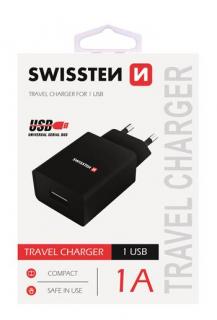 Swissten hálózati töltő adapter, 1 USB port, 1 A, fekete