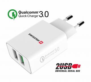 Swissten hálózati töltő adapter, 2XUSB, QC 3.0 + USB, 23W, fehér