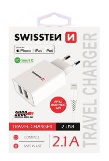Swissten hálózati töltő adapter + lightning MFI kábel, 2 USB port, Smart IC, 2,1 A, fehér