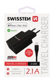Swissten hálózati töltő adapter + lightning MFI kábel, 2 USB port, Smart IC, 2,1 A, fekete