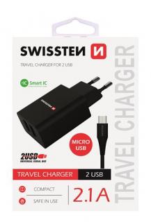 Swissten hálózati töltő adapter + mikro USB kábel, 2 USB port, Smart IC, 2,1 A, fekete