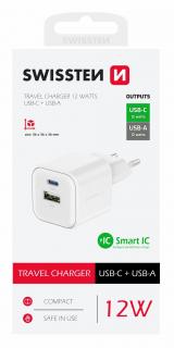 Swissten hálózati töltőadapter 1xUSB-C, 1xUSB-A, 12W, fehér