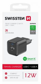 Swissten hálózati töltőadapter 1xUSB-C, 1xUSB-A, 12W, fekete