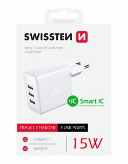 Swissten hálózati töltőadapter, 3XUSB, 15W, fehér