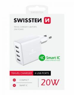 Swissten hálózati töltőadapter, 4XUSB, 20W, Smart IC, fehér