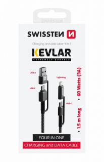 Swissten KEVLAR adat- és töltőkábel 4in1, 3A, 1,5m, antracit
