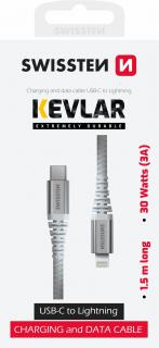 Swissten kevlár adat- és töltőkábel USB-C/lightning, 1,5m, 30W, 3A, fehér