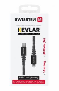 Swissten kevlár adat- és töltőkábel, USB-C/lightning, 1,5m, 60W, 3A, antracit