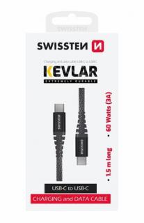 Swissten kevlár adat- és töltőkábel, USB-C/USB-C, 1,5m, 60W, 3A, antracit