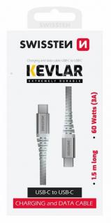 Swissten kevlár adat- és töltőkábel USB-C/USB-C, 1,5m, 60W, 3A, fehér