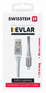 Swissten kevlár adat- és töltőkábel USB/lightning, 1,5m, 3A, fehér
