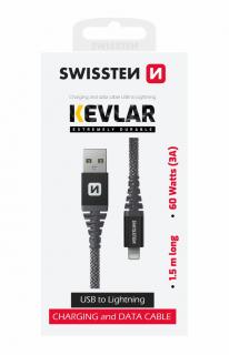 Swissten kevlár adat- és töltőkábel, USB/lightning, 1,5m, 60W, 3A, antracit
