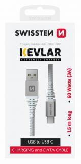 Swissten kevlár adat- és töltőkábel USB/USB-C, 1,5m, 60W, 3A, fehér