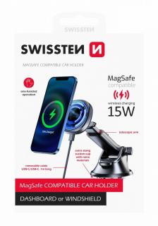 Swissten mágneses autós telefontartó és vezeték nélküli töltő MagSafe kompatibilitással mûszerfalra, 15W