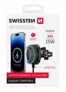 Swissten MagSafe kompatibilis mágneses autós telefontartó és wireless töltő szellőzőrácsra, 15W/7,5W