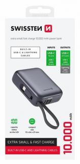 Swissten power bank, 10000 mAh beépített USB-C és lightning kábellel, ezüst