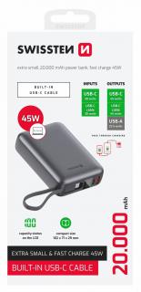 Swissten power bank, 20000 mAh, 45W beépítettUSB-C kábellel, ezüst