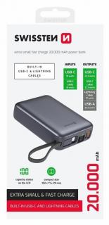 Swissten power bank, 20000 mAh beépített USB-C és lightning kábellel, ezüst