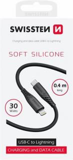 Swissten puha szilikon adat- és töltőkábel, USB-C/lightning, 0,4m, 30W, fekete