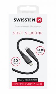 Swissten puha szilikon adat- és töltőkábel, USB-C/lightning, 1,5m, 60W, fekete