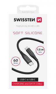 Swissten puha szilikon adat- és töltőkábel, USB-C/USB-C, 1,5m, 60W, fekete