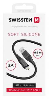 Swissten puha szilikon adat- és töltőkábel, USB/lightning, 0,4m, 3A, fekete