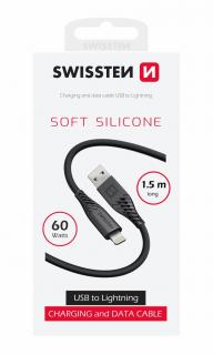 Swissten puha szilikon adat- és töltőkábel, USB/lightning, 1,5m, 60W, fekete