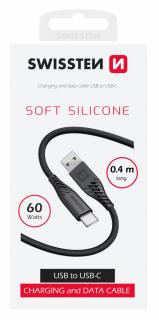 Swissten puha szilikon adat- és töltőkábel, USB/USB-C, 0,4m, 60W, fekete