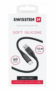 Swissten puha szilikon adat- és töltőkábel, USB/USB-C, 1,5m, 60W, fekete